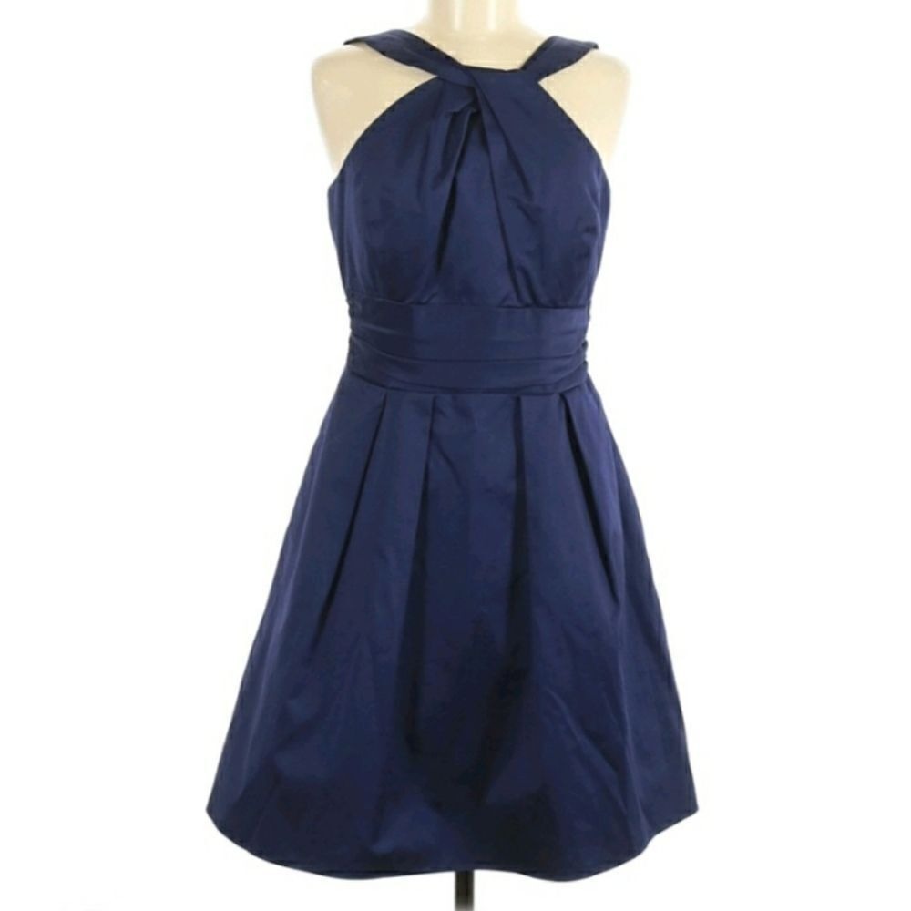 David's Bridal Twist Y-neck Halter Mini Fit & Flare Dress Pockets Navy Sz‎ 2
